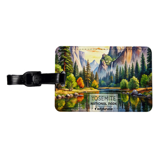 Yosemite National Park California Watercolor Travel Faux Leather Luggage Tag
