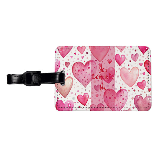You Complete Me Valentine's Love Anniversary Pink Hearts Dots Travel Faux Leather Luggage Tag