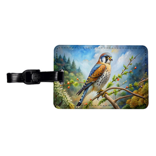 American Kestrel Raptor Bird Of Prey In Tree Scene Watercolor Travel Faux Leather Luggage Tag