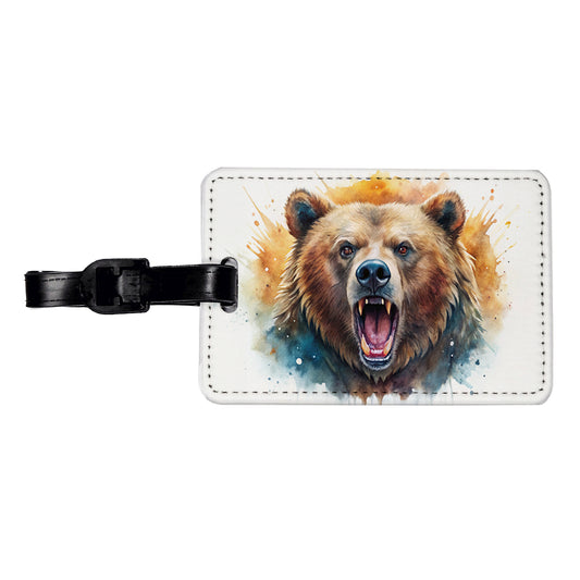 Angry Mad Grizzly Bear Watercolor Travel Faux Leather Luggage Tag