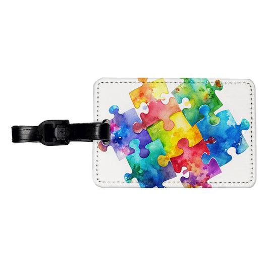 Autism Awareness Acceptance Puzzle Pieces Watercolor Travel Faux Leather Luggage Tag