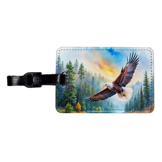 Bald Eagle Flying With Forest Lake Watercolor Travel Faux Leather Luggage Tag