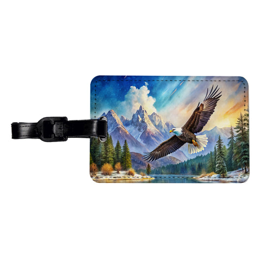 Bald Eagle Flying With Mountains Lake Watercolor Travel Faux Leather Luggage Tag