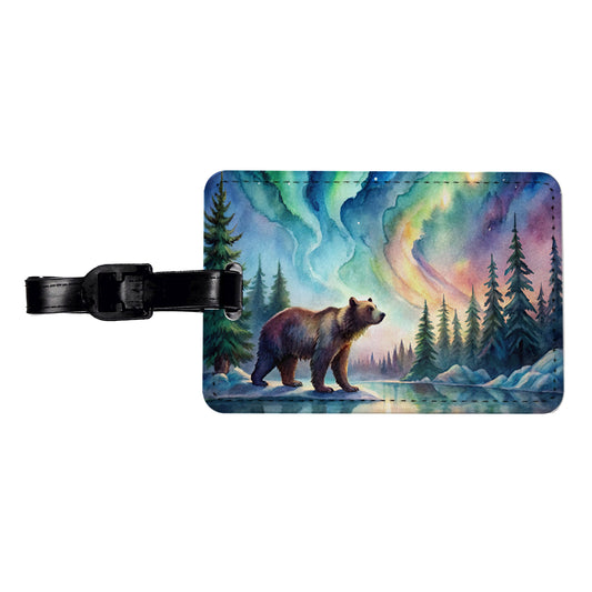 Bear And Northern Lights Watercolor Travel Faux Leather Luggage Tag
