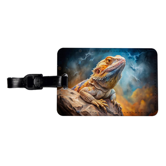 Bearded Dragon Lizard On Rock Stormy Scene Reptile Watercolor Travel Faux Leather Luggage Tag