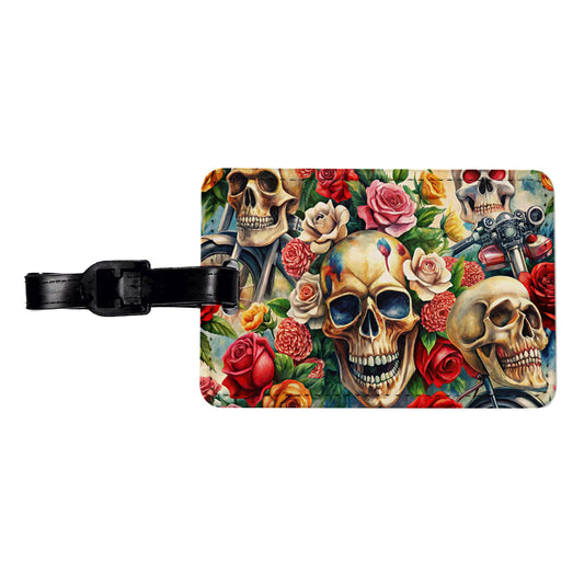 Biker Skulls And Roses Theme Watercolor Travel Faux Leather Luggage Tag