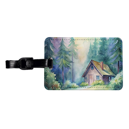 Cabin In The Forest Woods Watercolor Travel Faux Leather Luggage Tag