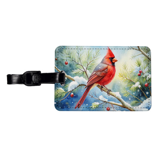 Cardinal In Snowy Tree Winter Watercolor Christmas Travel Faux Leather Luggage Tag
