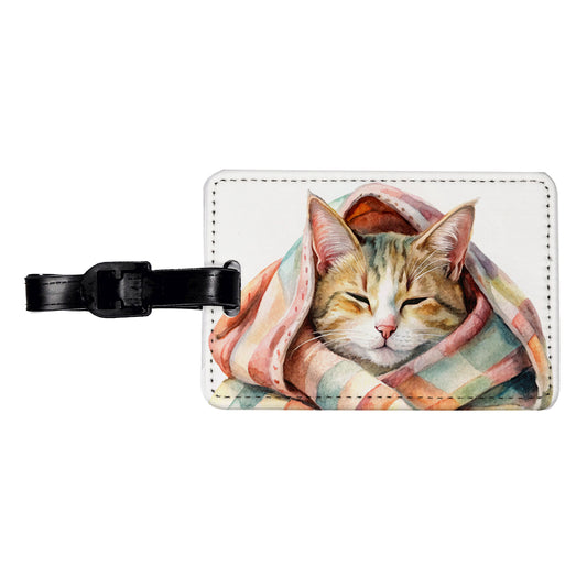Cat Snuggling In Blanket Watercolor Travel Faux Leather Luggage Tag
