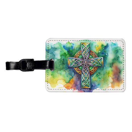 Celtic Christian Cross Watercolor Travel Faux Leather Luggage Tag
