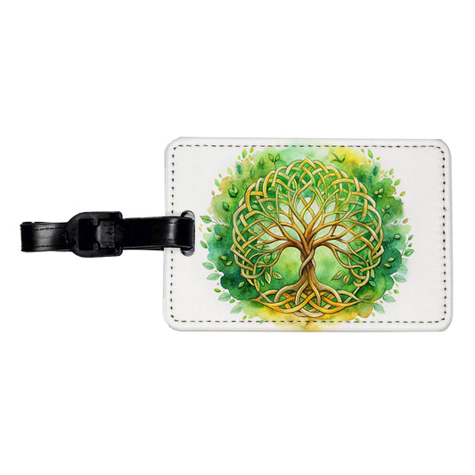 Celtic Irish Tree Of Life Knots Green And Golden Watercolor Travel Faux Leather Luggage Tag