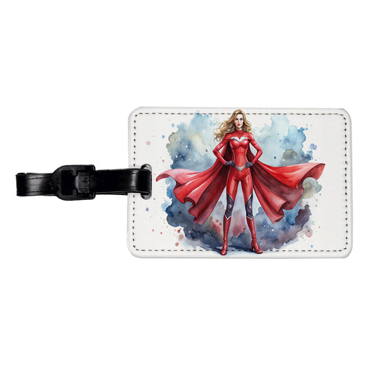Classic Female Superhero With Red Costume Watercolor Travel Faux Leather Luggage Tag
