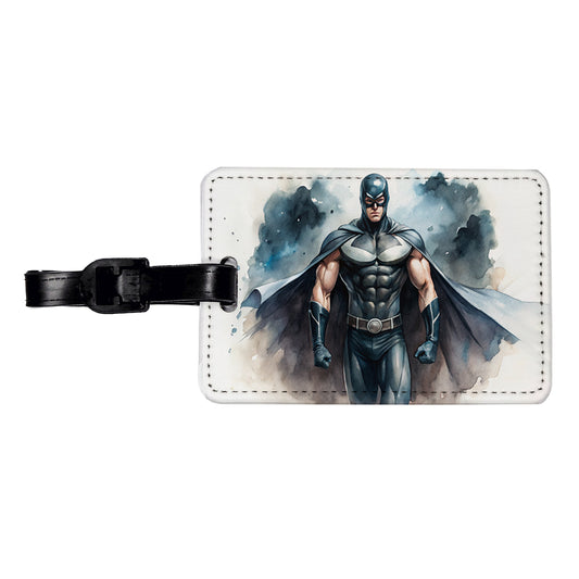 Classic Masked Superhero With Black Costume Watercolor Travel Faux Leather Luggage Tag