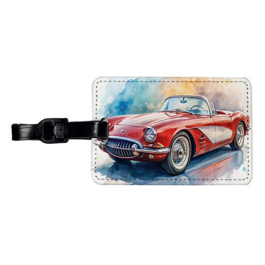 Classic Vintage Red White Sports Car Watercolor Travel Faux Leather Luggage Tag