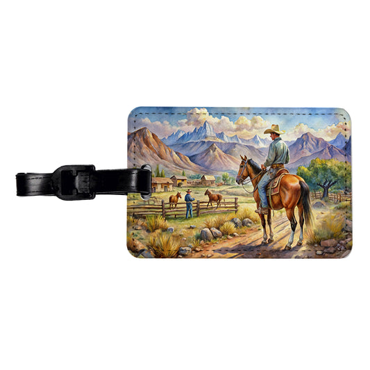 Cowboys Western Ranch Scene Watercolor Travel Faux Leather Luggage Tag