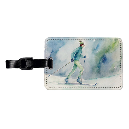 Cross Country Skiing Watercolor Travel Faux Leather Luggage Tag