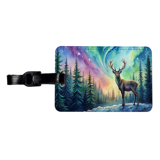 Deer And Northern Lights Watercolor Travel Faux Leather Luggage Tag