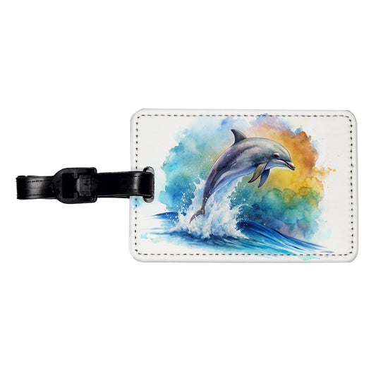 Dolphin Jumping In Ocean Watercolor Travel Faux Leather Luggage Tag