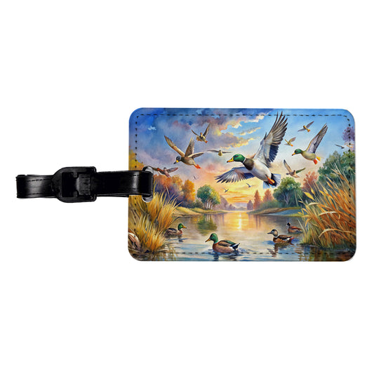 Ducks Flying At Sunrise Hunting Watercolor Travel Faux Leather Luggage Tag