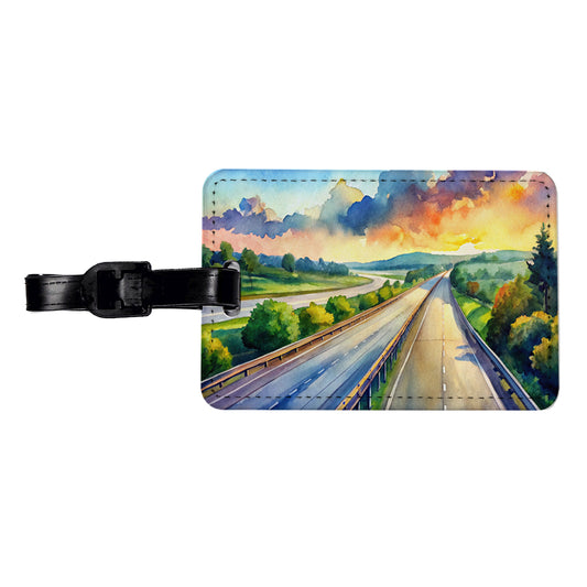 Empty Highway Stretching Into The Distance Watercolor Travel Faux Leather Luggage Tag