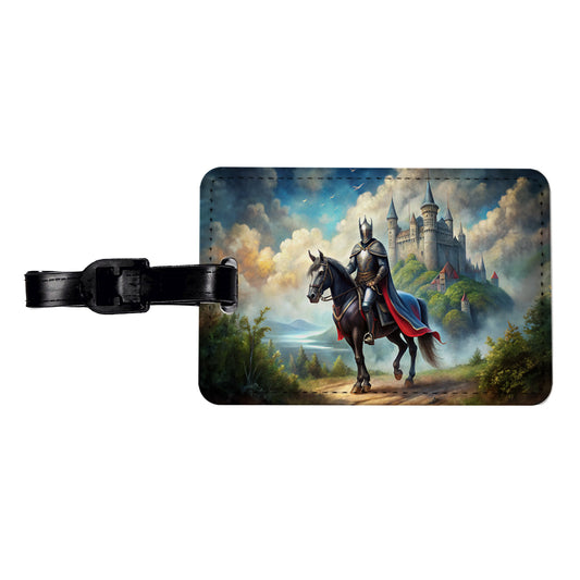Fantasy Black Knight Astride Horse Outside Castle Watercolor Travel Faux Leather Luggage Tag