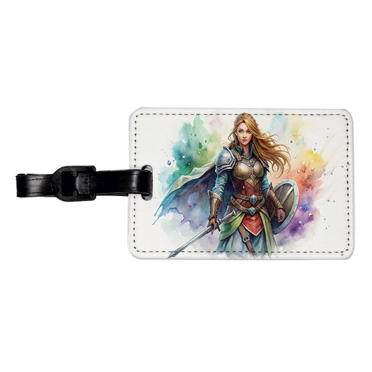 Fantasy Female Fighter Sword Shield-maiden Watercolor Travel Faux Leather Luggage Tag