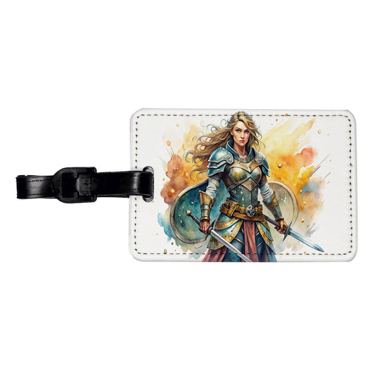 Fantasy Female Fighter Warrior Shield-maiden Watercolor Travel Faux Leather Luggage Tag