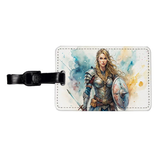 Fantasy Female Warrior Knight Watercolor Travel Faux Leather Luggage Tag
