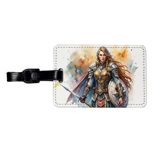 Fantasy Female Warrior Paladin Watercolor Travel Faux Leather Luggage Tag