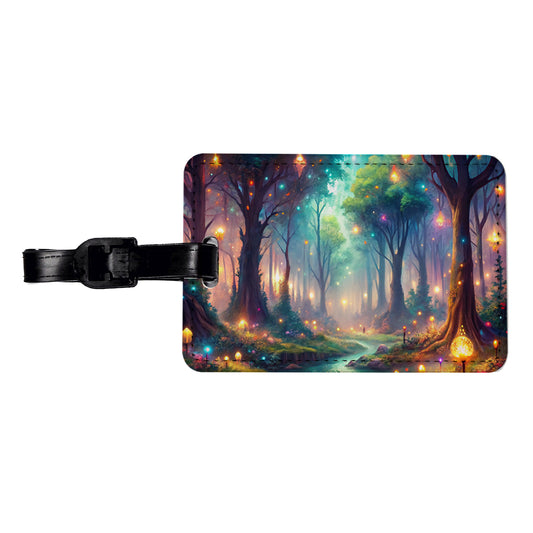 Fantasy Forest With Glowing Sprites Fae Spirits Watercolor Travel Faux Leather Luggage Tag