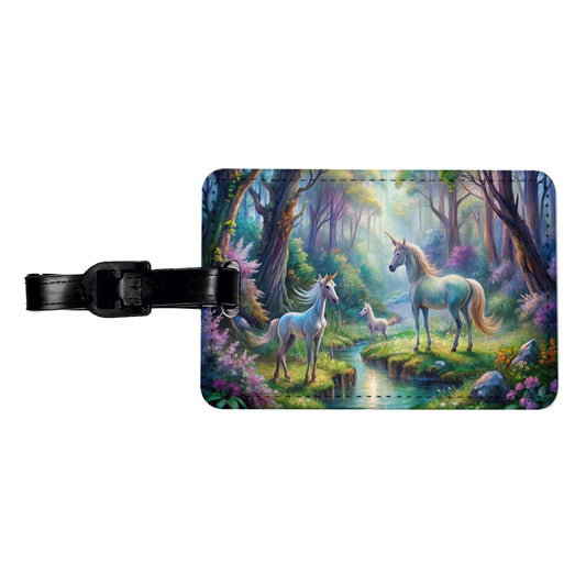 Fantasy Forest With Magical Unicorns Watercolor Travel Faux Leather Luggage Tag