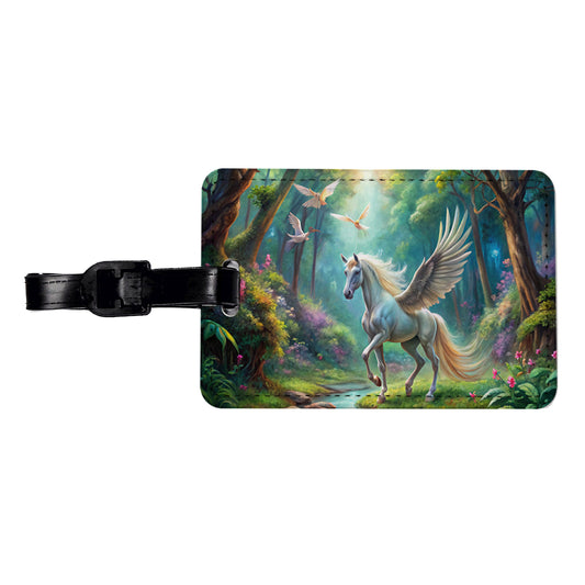 Fantasy Forest With Pegasus Winged-stallion Watercolor Travel Faux Leather Luggage Tag