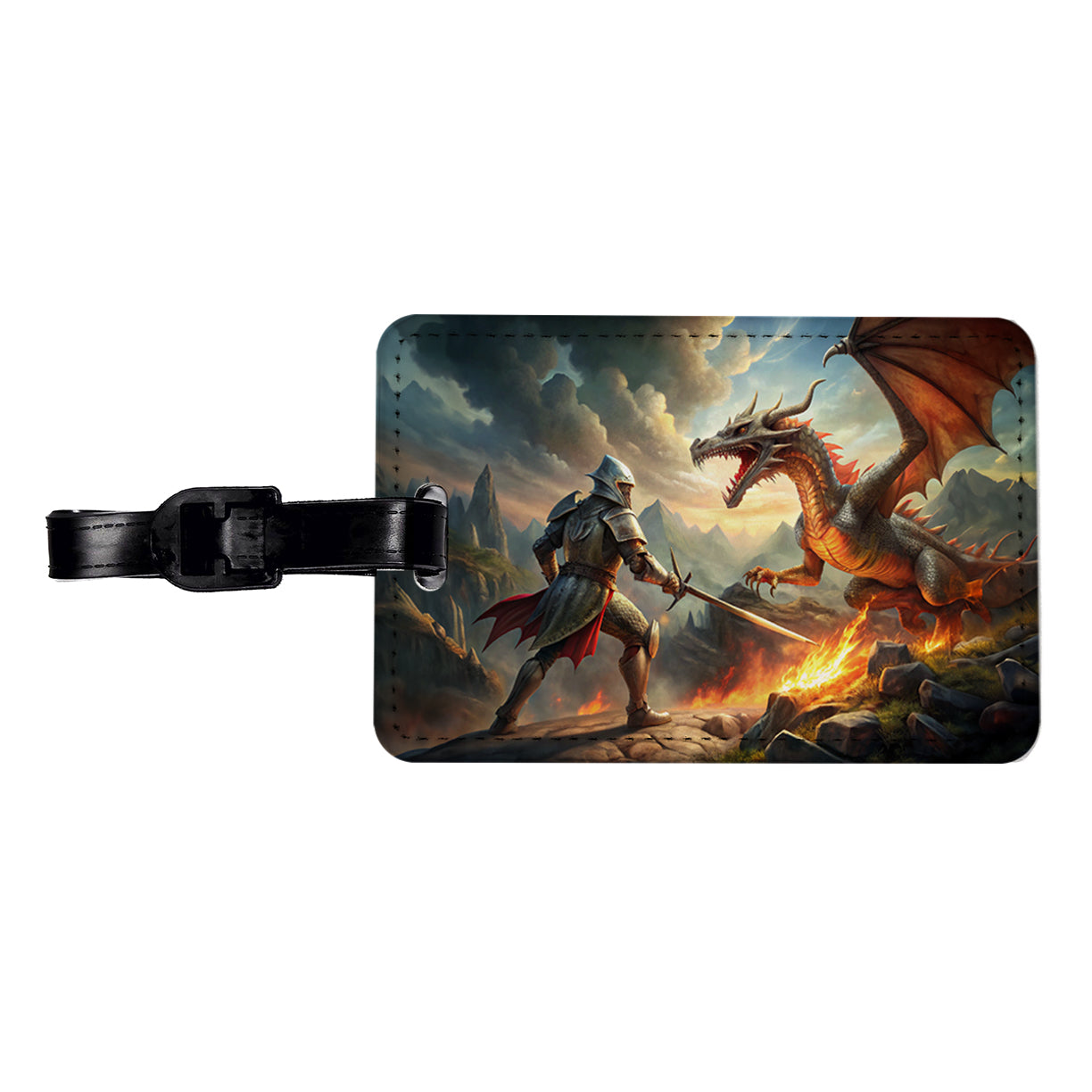 Fantasy Knight Fighting A Fire-breathing Dragon Travel Faux Leather Luggage Tag