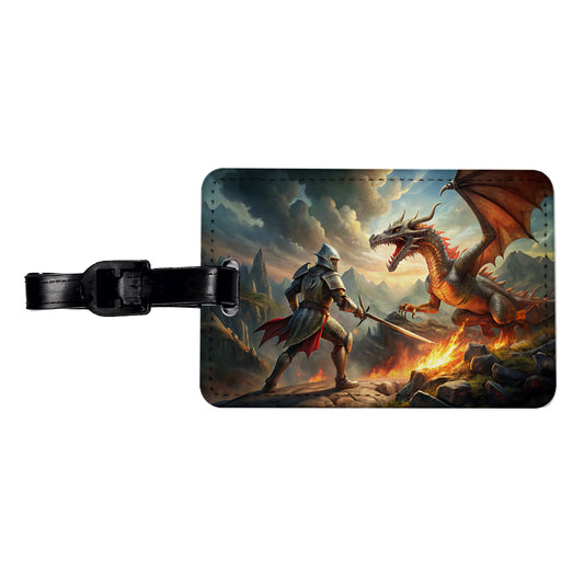 Fantasy Knight Fighting A Fire-breathing Dragon Travel Faux Leather Luggage Tag
