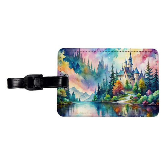 Fantasy Lake And Castle Scene Watercolor Travel Faux Leather Luggage Tag