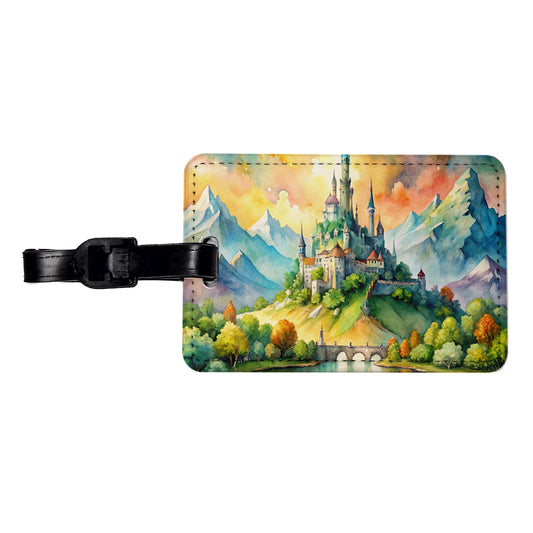 Fantasy Magical Castle On A Hill Watercolor Travel Faux Leather Luggage Tag