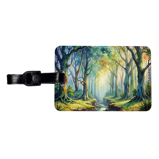Fantasy Misty Forest Stream And Trees Watercolor Travel Faux Leather Luggage Tag