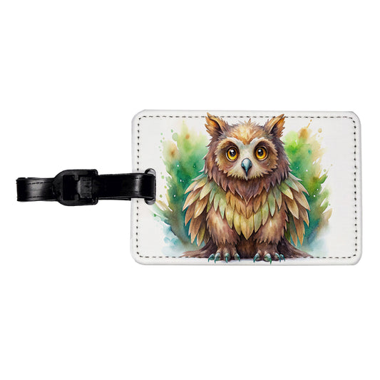 Fantasy Owl Bear Owlbear Green Background Watercolor Travel Faux Leather Luggage Tag