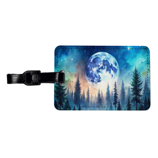 Fantasy Sci-fi World Moon Rising Over Forest Travel Faux Leather Luggage Tag