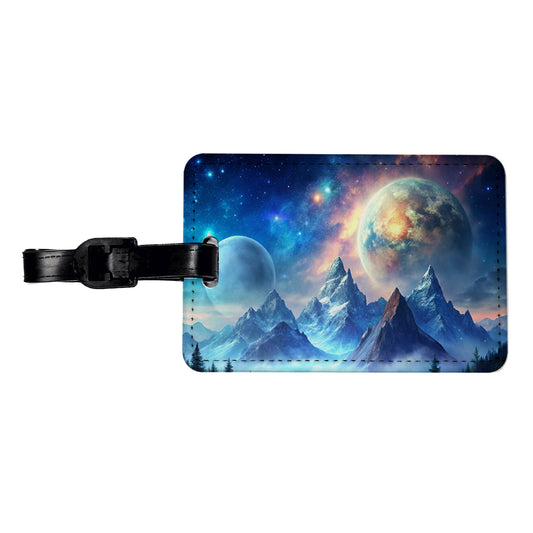 Fantasy Sci-fi World Moons Rising Over Mountains Watercolor Travel Faux Leather Luggage Tag