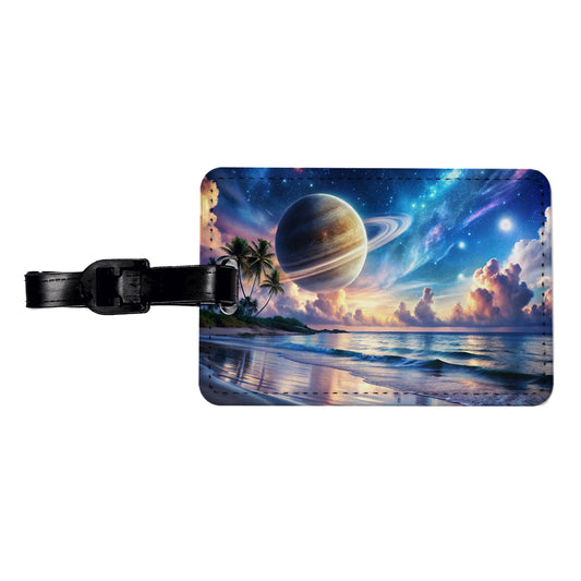 Fantasy Sci-fi World Saturn Rising Over Beach Travel Faux Leather Luggage Tag
