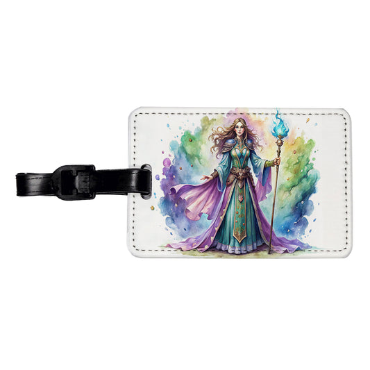 Fantasy Sorceress Purple Blue Magic Mana Watercolor Travel Faux Leather Luggage Tag