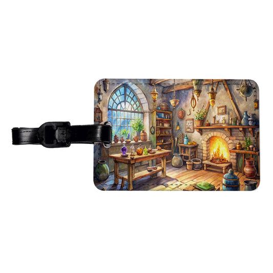 Fantasy Wizard's Sorcerer's Workshop Watercolor Travel Faux Leather Luggage Tag