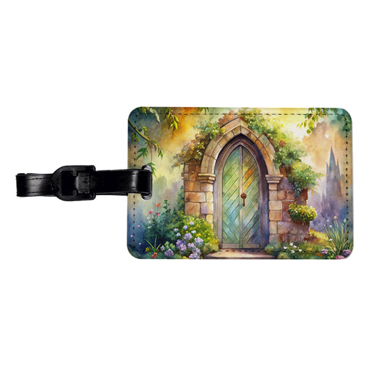 Fantasy World Doorway Fairy Gnome Elven Watercolor Travel Faux Leather Luggage Tag