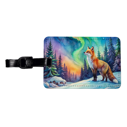 Fox And Northern Lights Watercolor Travel Faux Leather Luggage Tag