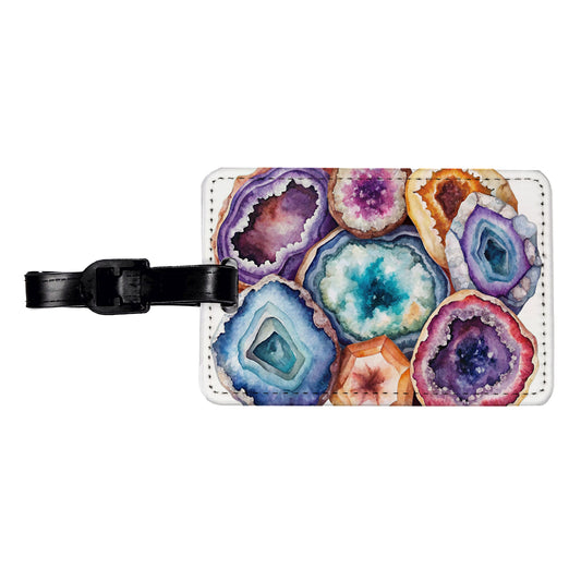Geode Volcanic Crystals Cut Open Watercolor Travel Faux Leather Luggage Tag