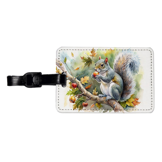 Gray Squirrel Eating Acorn In Tree Watercolor Travel Faux Leather Luggage Tag