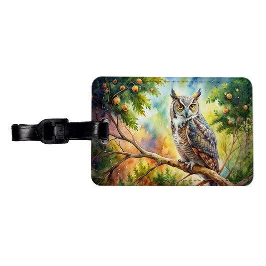 Great Horned Owl In Tree Watercolor Travel Faux Leather Luggage Tag