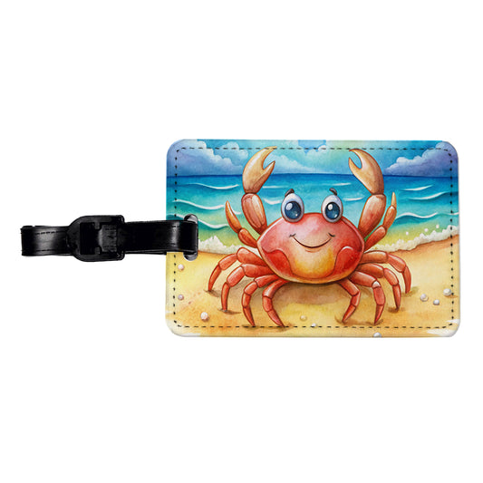 Happy Crab On The Tropical Beach Watercolor Travel Faux Leather Luggage Tag