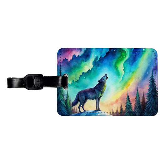 Howling Wolf And Northern Lights Watercolor Travel Faux Leather Luggage Tag